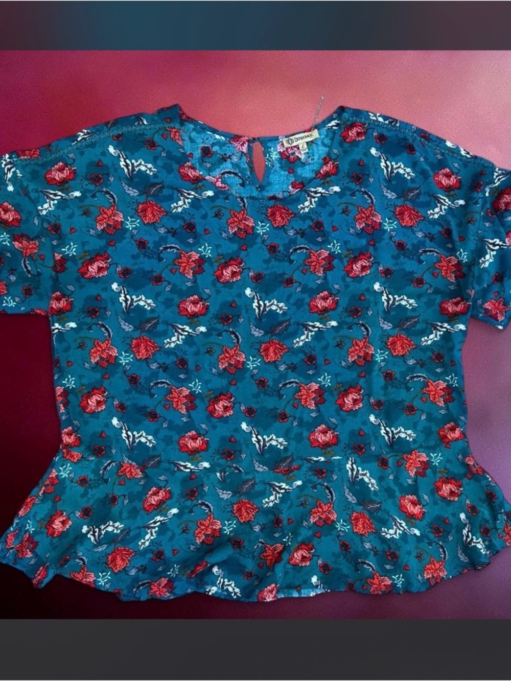 Democracy Teal Floral Peplum Blouse with Red Rose Print LARGE - Picture 5 of 7
